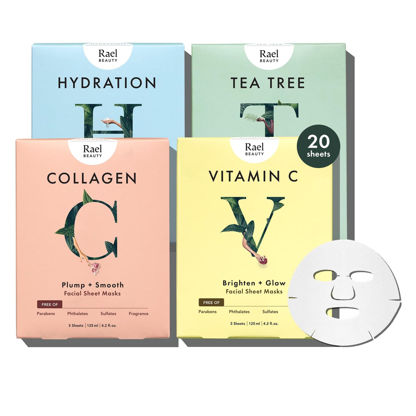 Rael Face Mask Skin Care, Bamboo Facial Mask Sheet Set - Variety Pack, All Skin Types, Gift Set (5 Hydration, 5 Vitamin C, 5 Collagen, 5 Tea Tree, 20 Sheets)