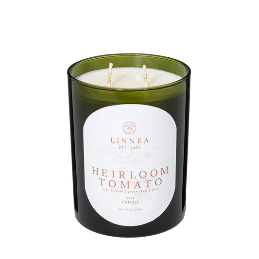 Ripe tomato, green stem, and soil infused organic soy candle. Linnea