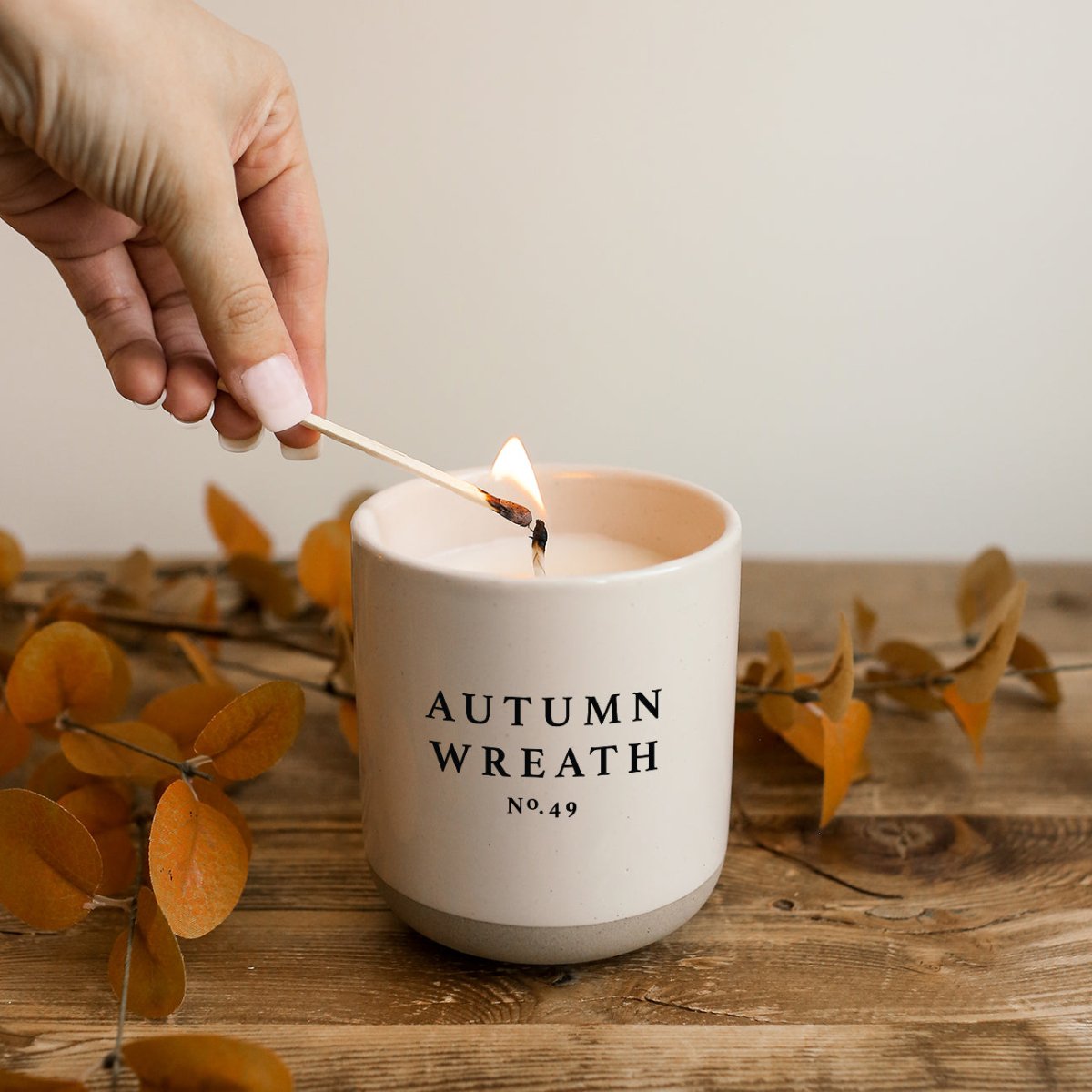 Autumn Wreath Soy Candle - Cream Stoneware Jar - 12 oz