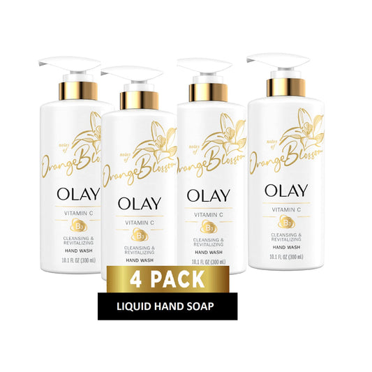 Olay Cleansing & Revitalizing Hand Soap 4ct with Vitamin B3 + Vitamin C Hand Soap Pump,10.1 fl oz/300 mL (Pack of 4)