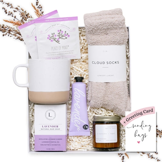 Unboxme Lavender Spa Gift Set - Relaxation Gifts For Women I Get Well Soon Gift Basket with Scented Candle, Bath Bomb, Soap + More, Birthday, Sympathy & Self Care Package, Perfect Valentines Day Gift