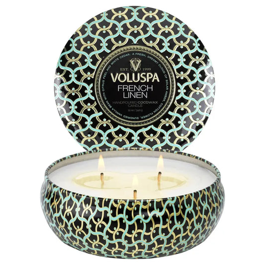 French Linen 3 Wick Tin Poured in California