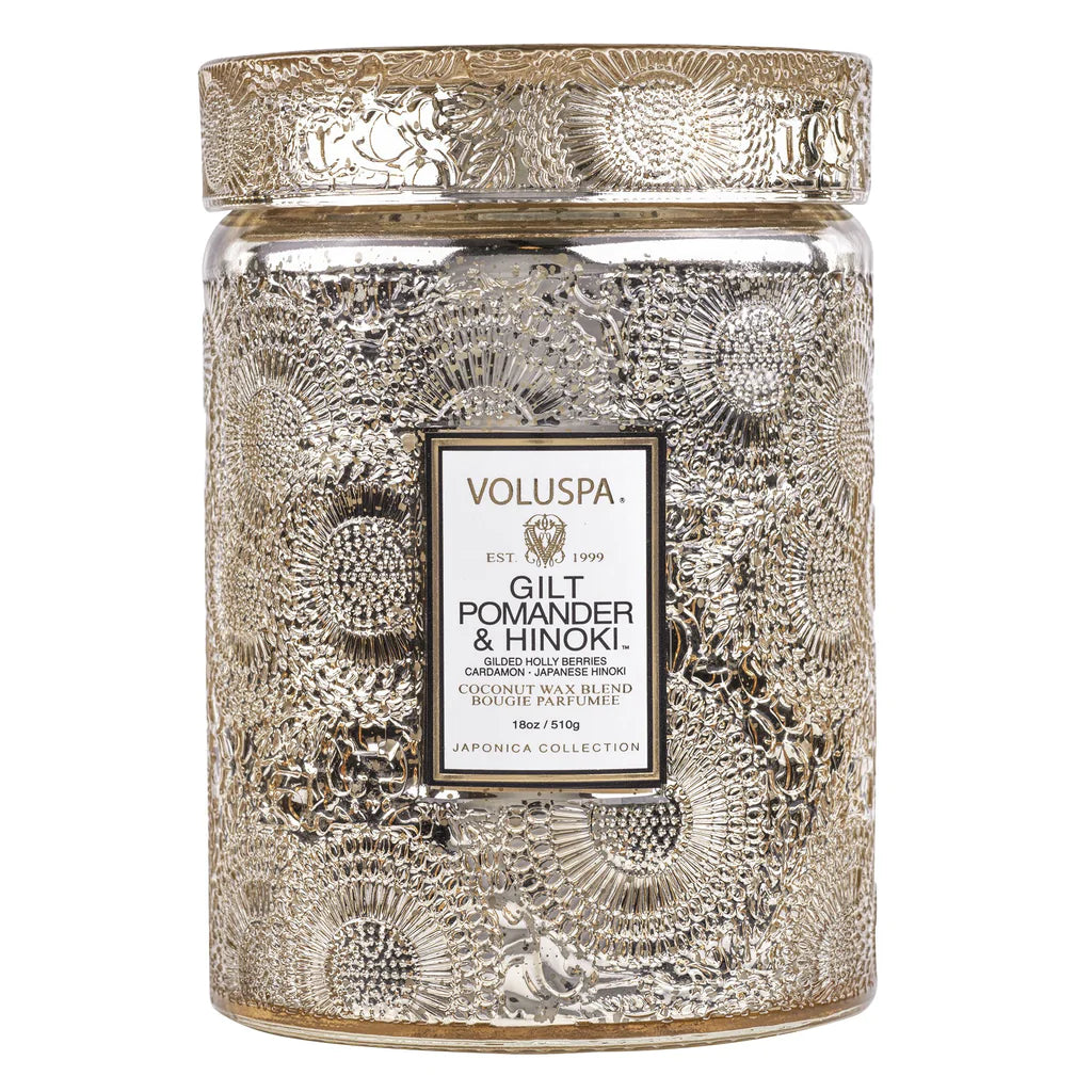 {Voluspa} Glass Jar Candle with Lid :: Gilt Pomander + Hinoki :: Large