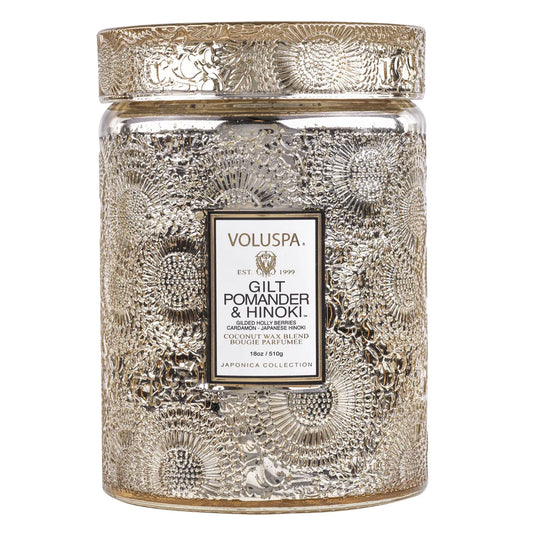 {Voluspa} Glass Jar Candle with Lid :: Gilt Pomander + Hinoki :: Large
