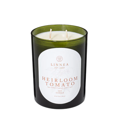 Ripe tomato, green stem, and soil infused organic soy candle. Linnea