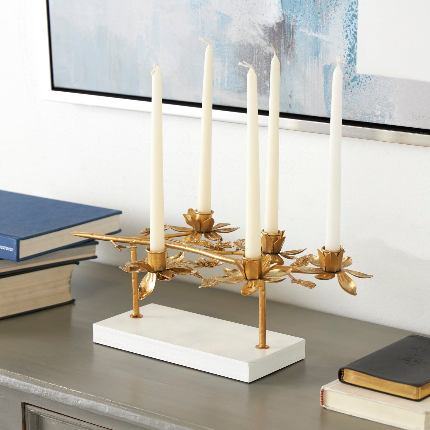 Gold Metal Floral Horizontal Candelabra with Base