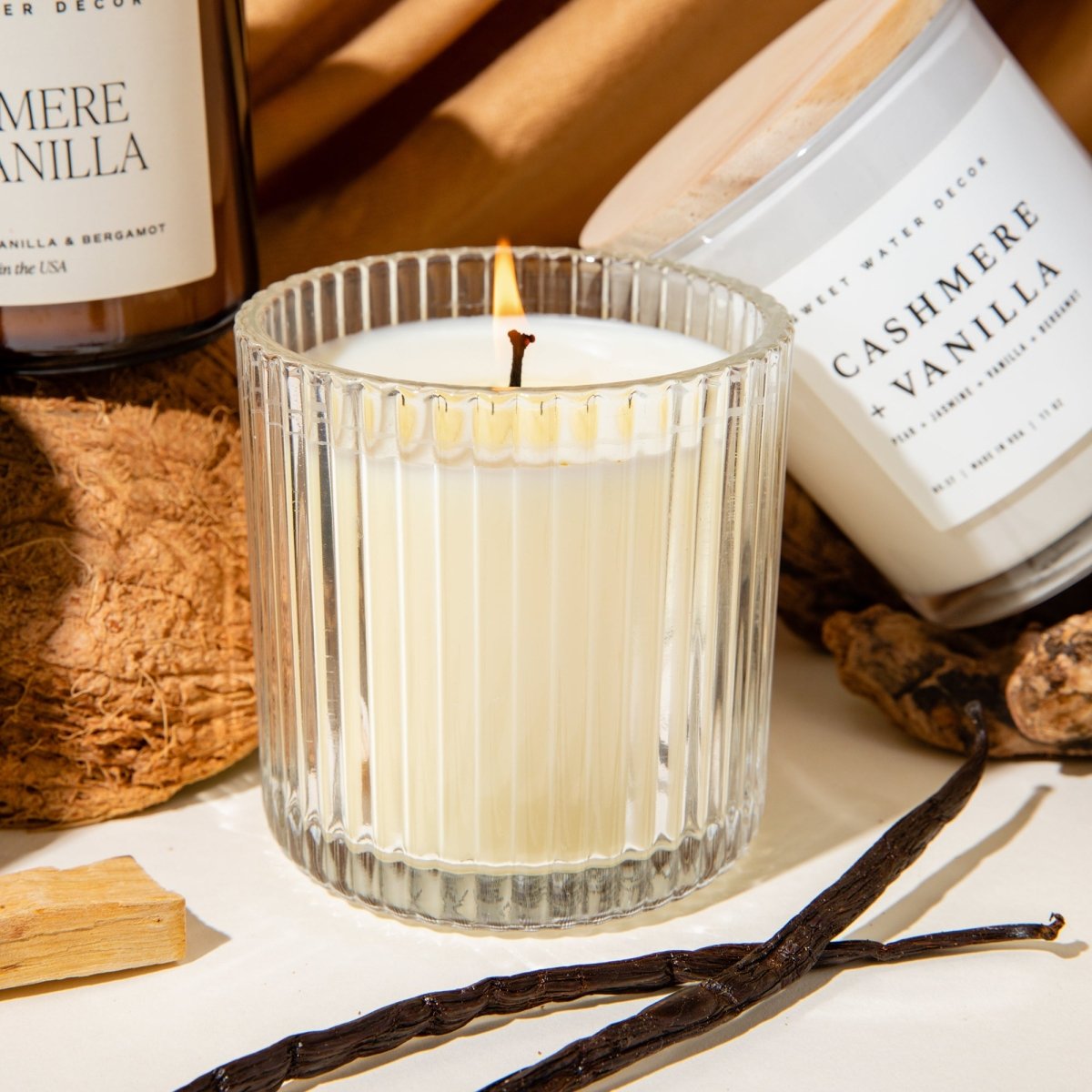 Cashmere and Vanilla Soy Candle - Ribbed Glass Jar - 11 oz
