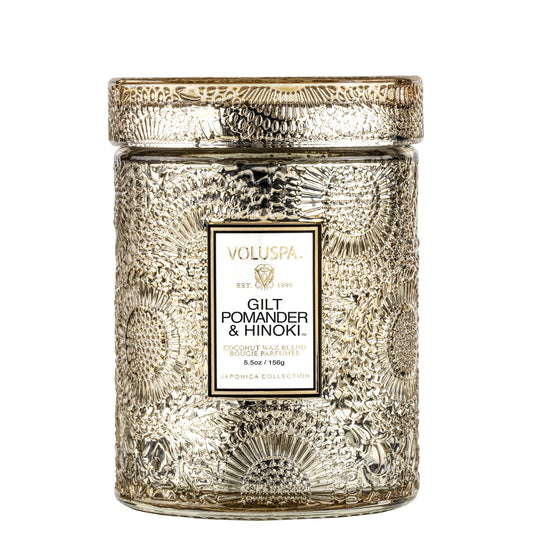 {Voluspa} Glass Jar Candle with Lid :: Gilt Pomander + Hinoki :: Small
