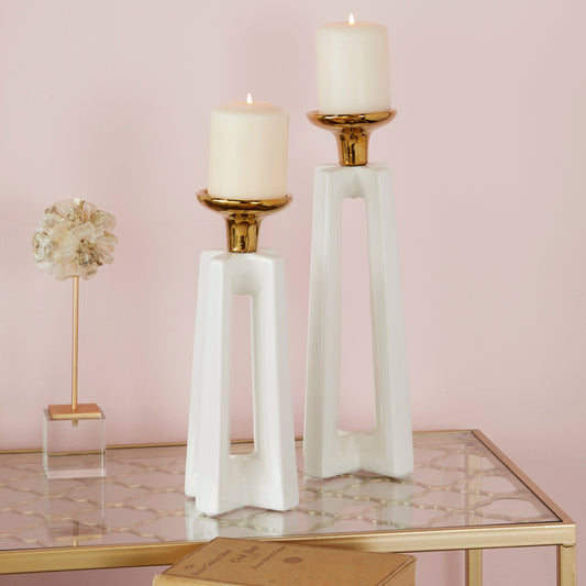 White Ceramic  Candle Holder (Set of 2 )