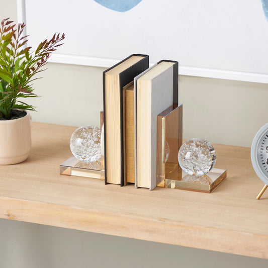 Gold Glass Geometric Bookends with Clear Orb and Bubble Texturing,