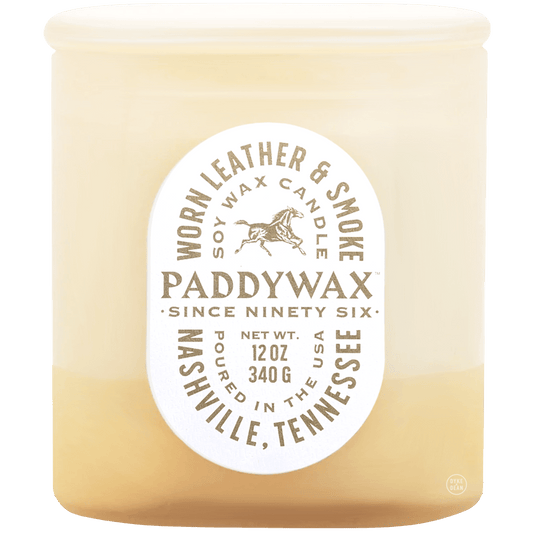PADDYWAX VISTA LARGE TAN GLASS CANDLE WORN LEATHER & SMOKE - DYKE & DEAN