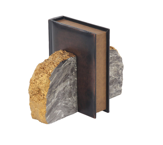 Gray Polystone Geode Bookends with Gold Detailing